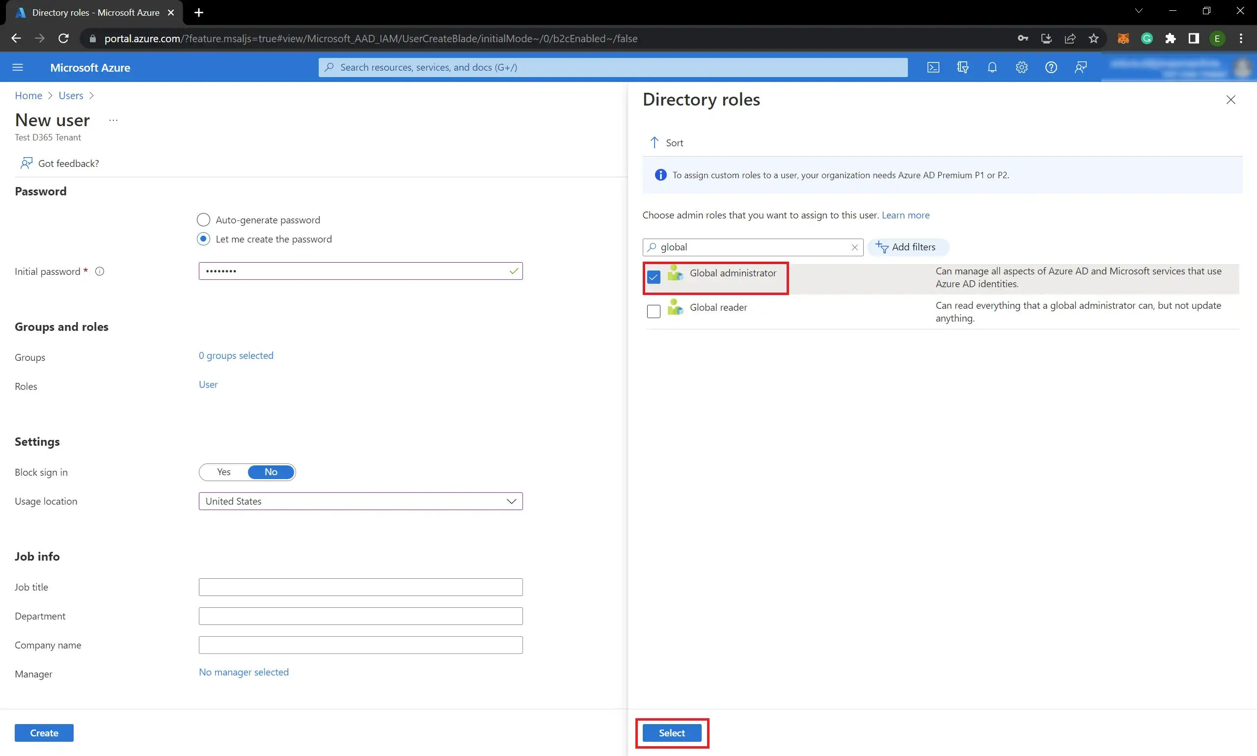 Assign Global administrator role to user Azure tenant
