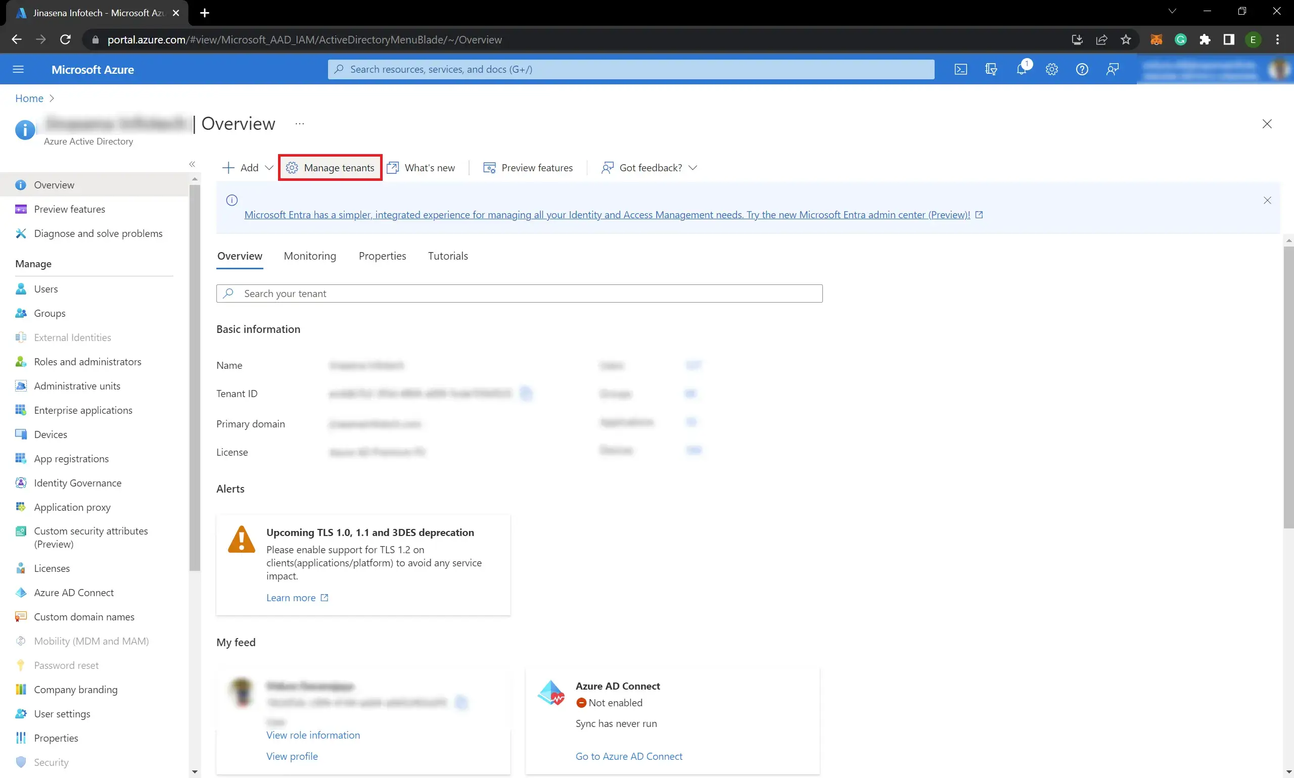 Click Azure manage tenants