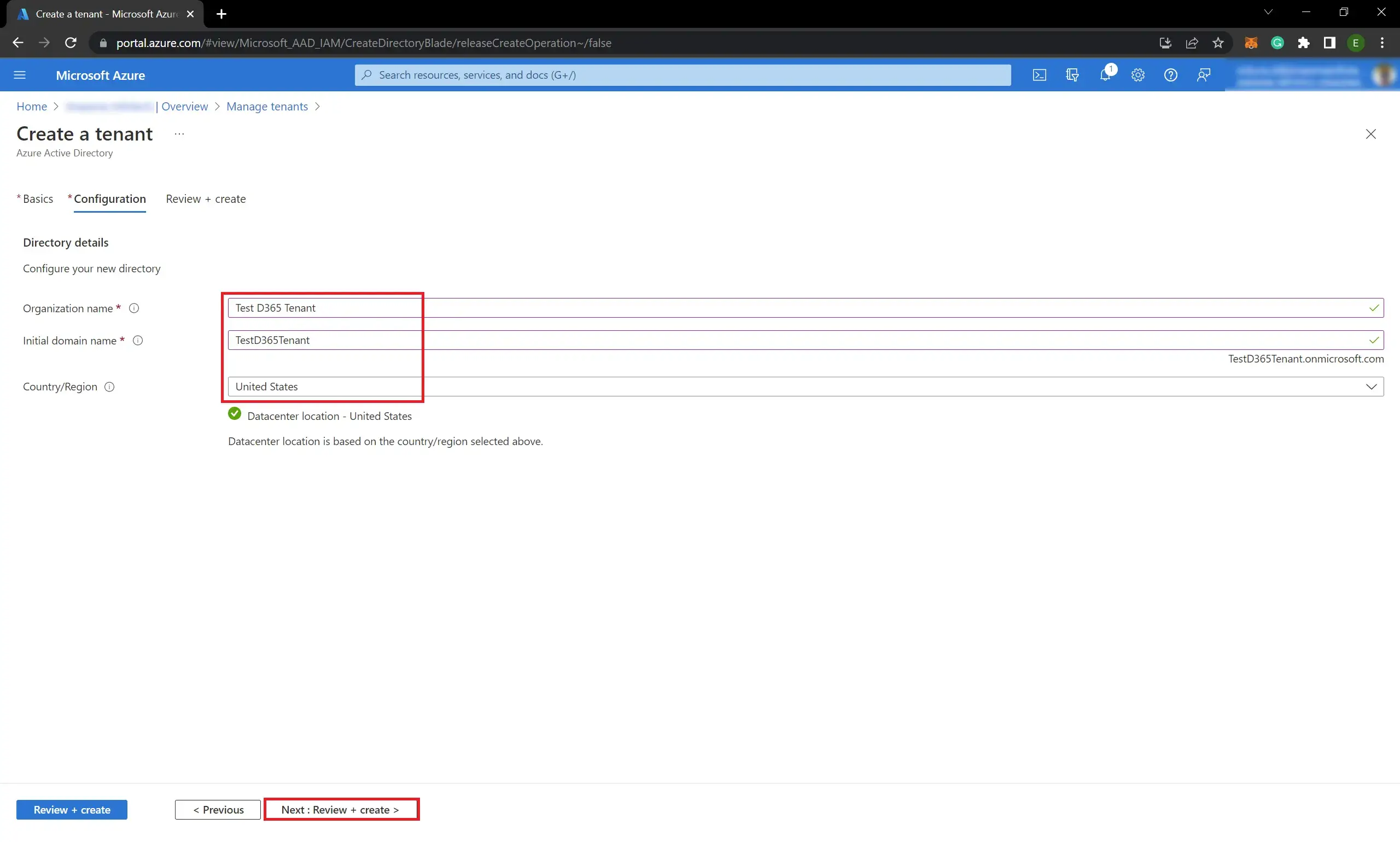 Azure tenant configuration directory details