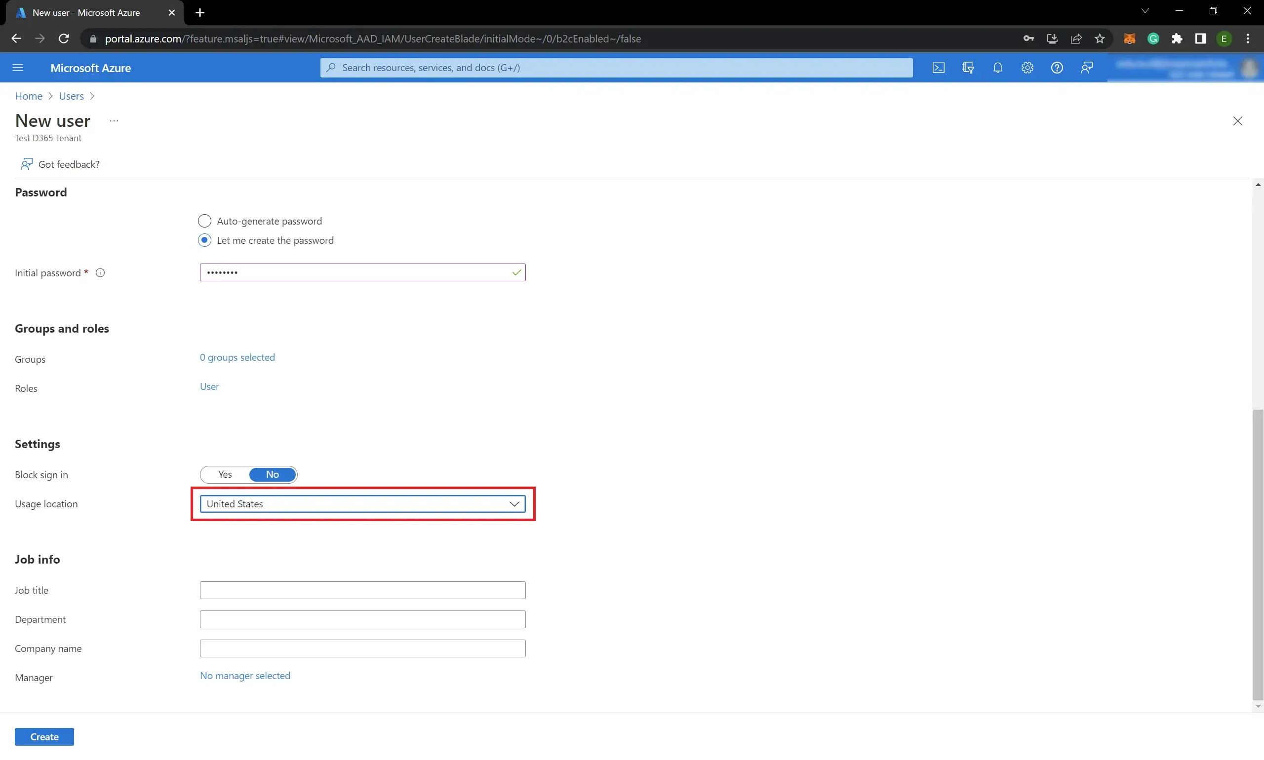 Set Usage location for eligible countries Azure tenant user creation