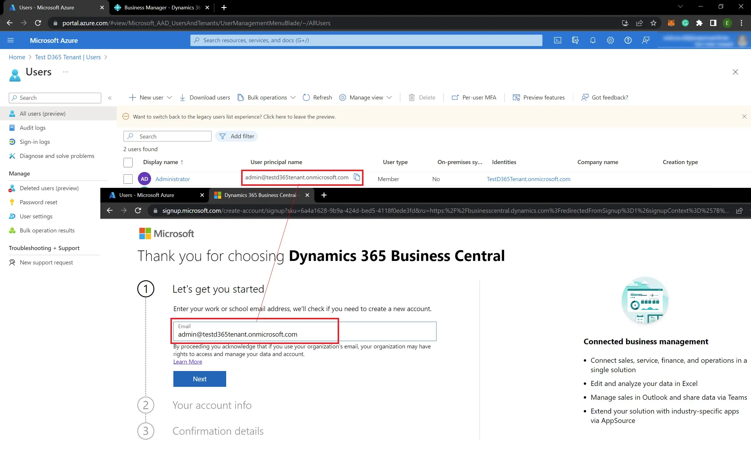 How to setup Dynamics D365 BC trail account for uneligible countires