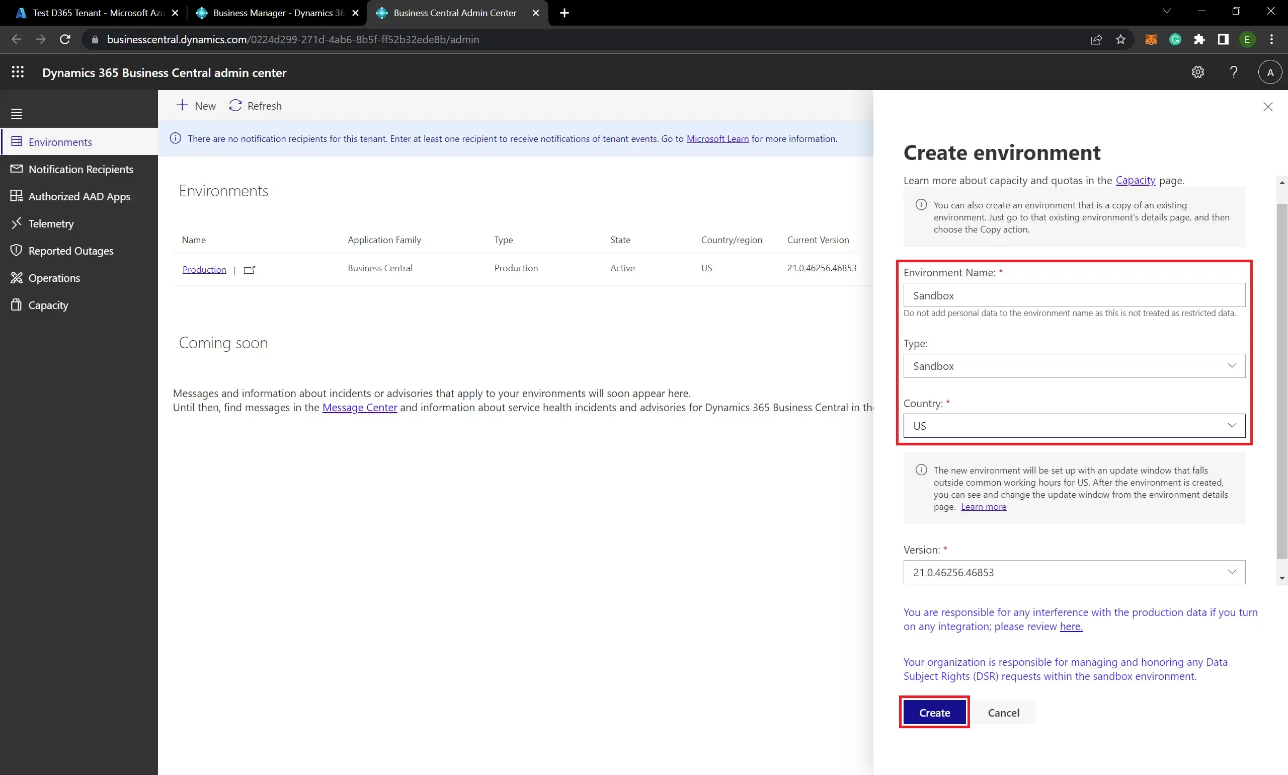 Enter the Environment Name, Environment Type as Sandbox, and Country in D365 BC Create environment section 