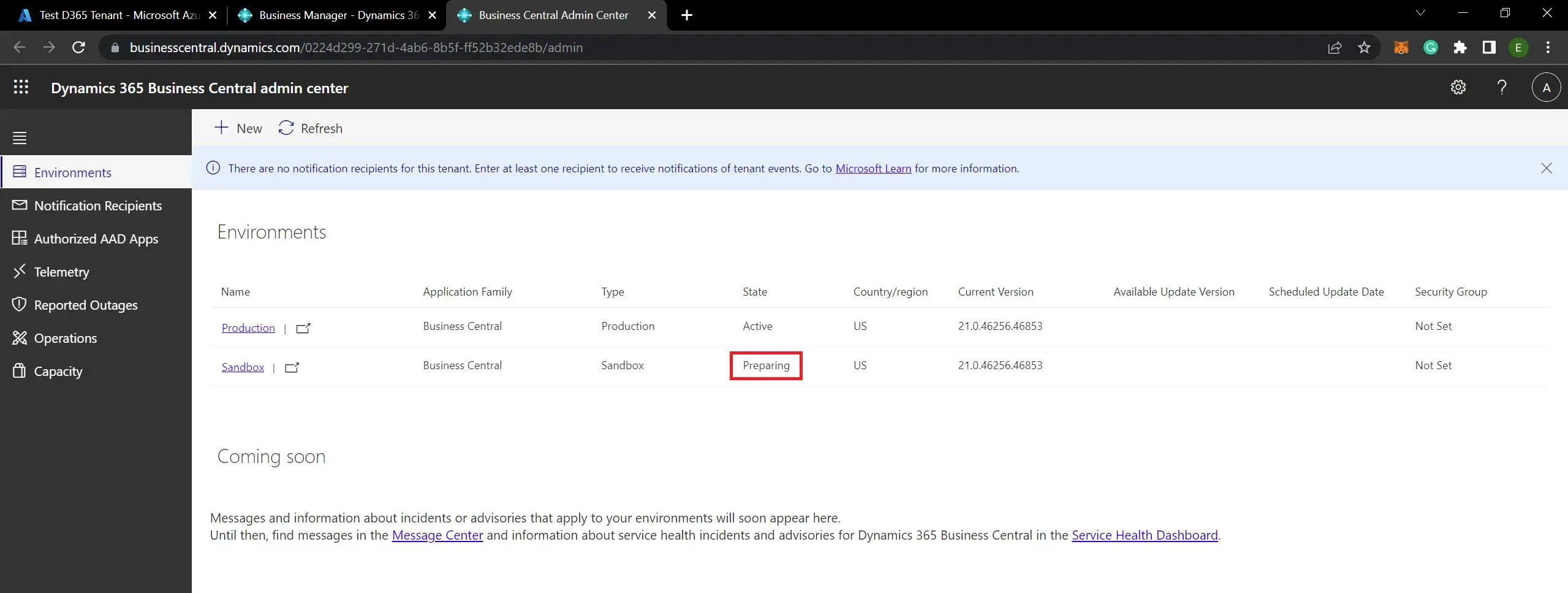 How to setup sandbox environment D365 Business Central tenant