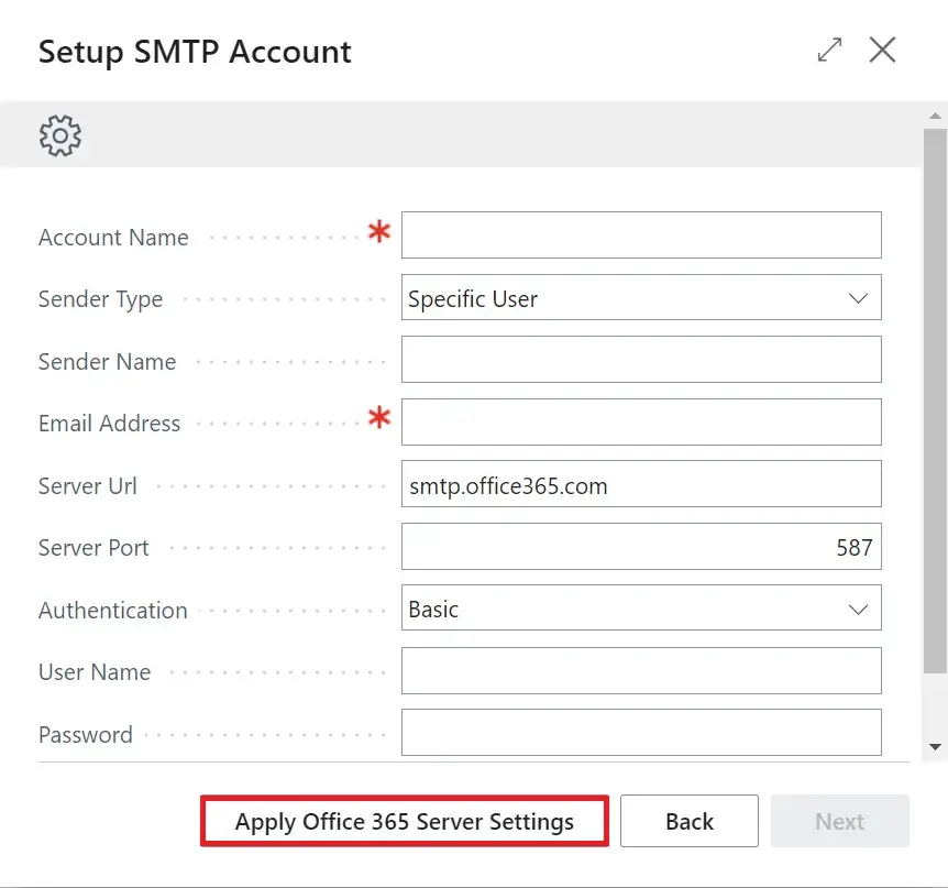 How to apply office 365 server settings D365 BC