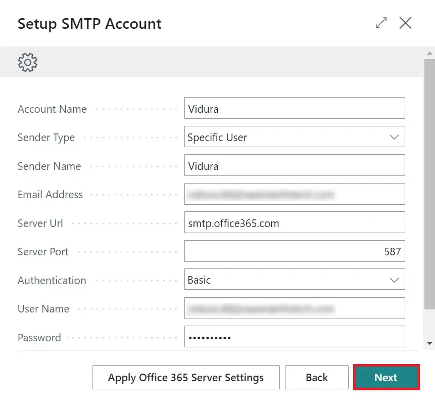 How to apply office 365 server settings D365 Business Central