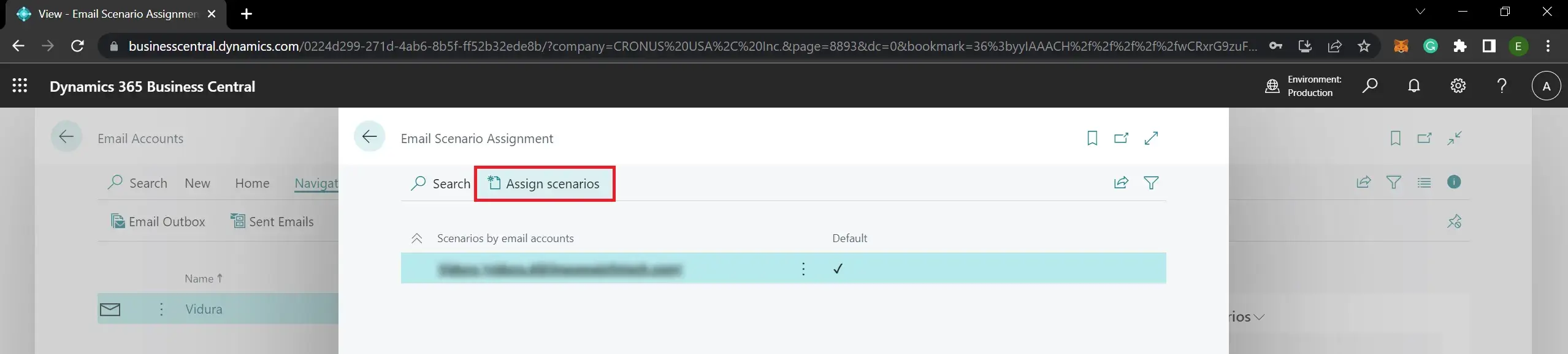 Assign email scenarios for the email account Business Central