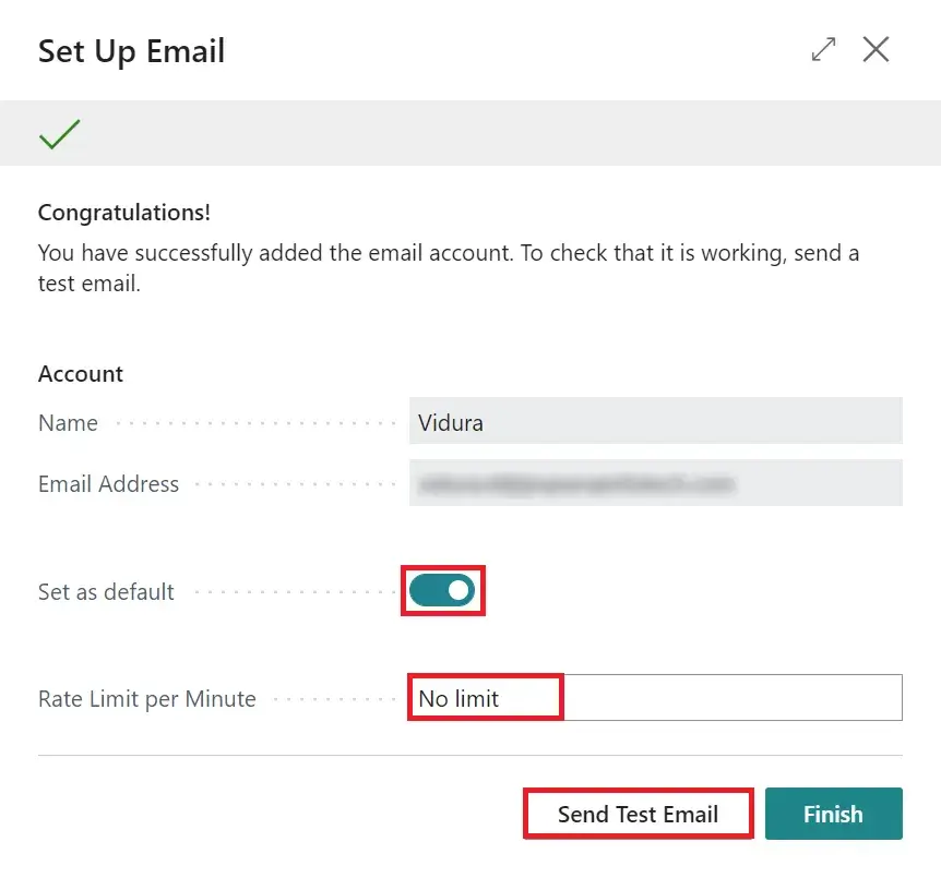 You can set it as the default account by enabling Set as default and also you can specify the maximum number of emails per minute the account can send by adding value to the Rate Limit per Minute field