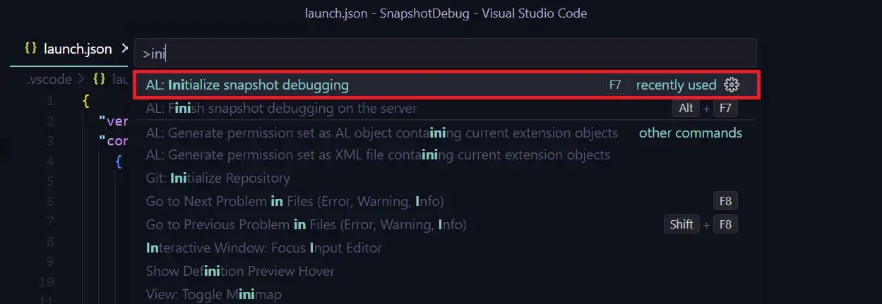 AL: Initialize snapshot debugging - Business Central - VS Code