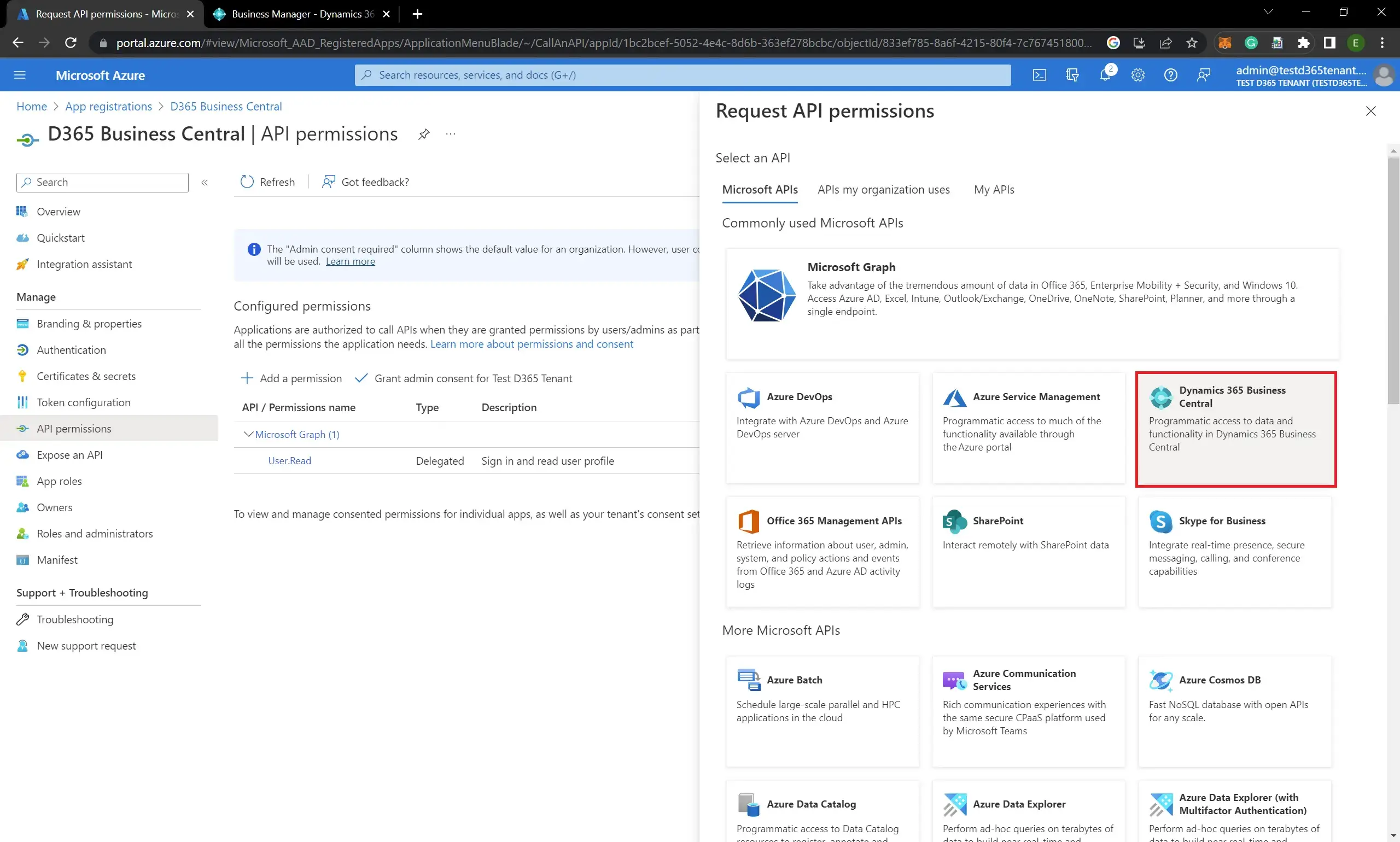 How to Add API Permissions to Business Central App in Azure Portal