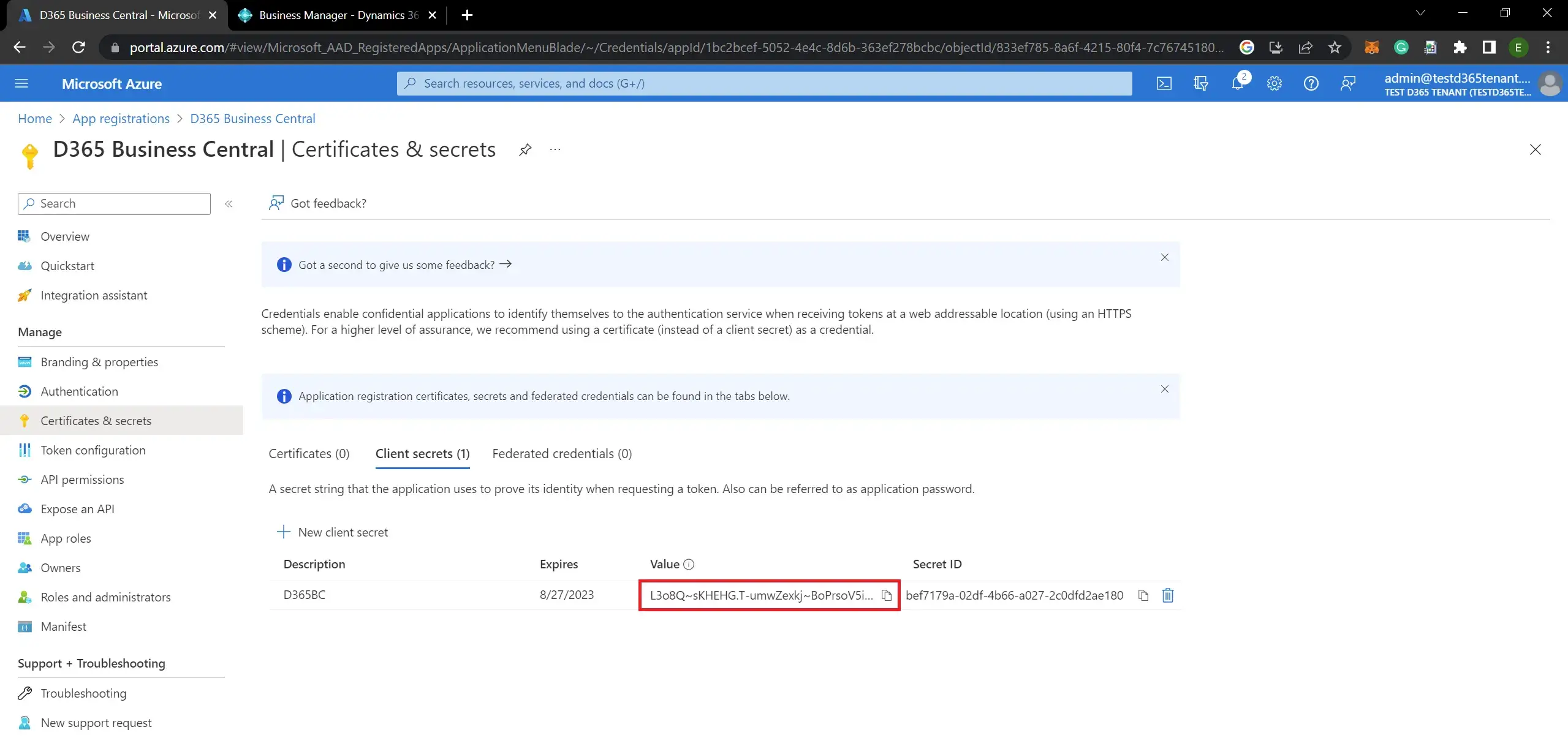 The value of the client secret Azure app registration.