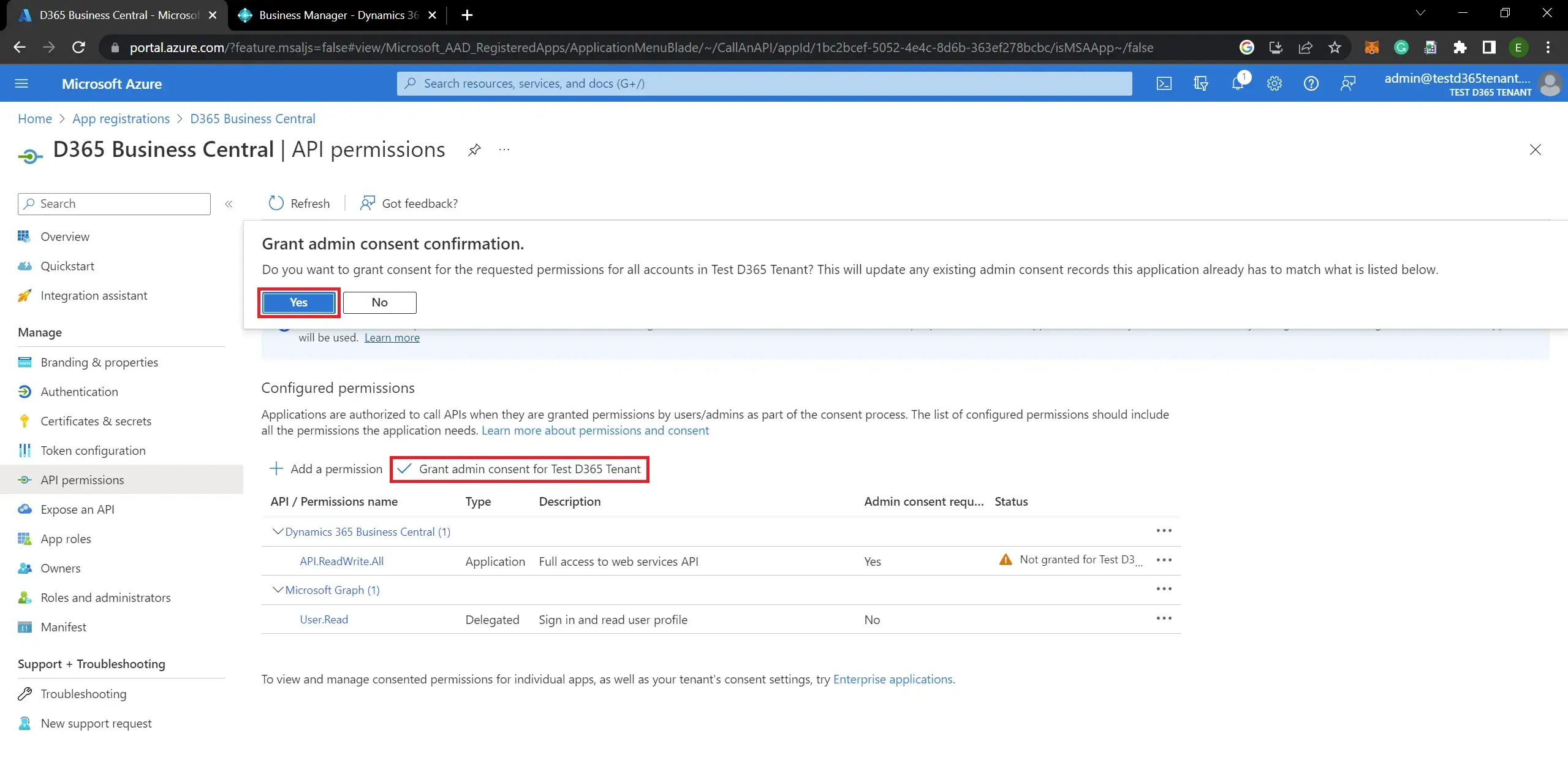 How to Grant Admin Consent of Business Central App Registration on Azure