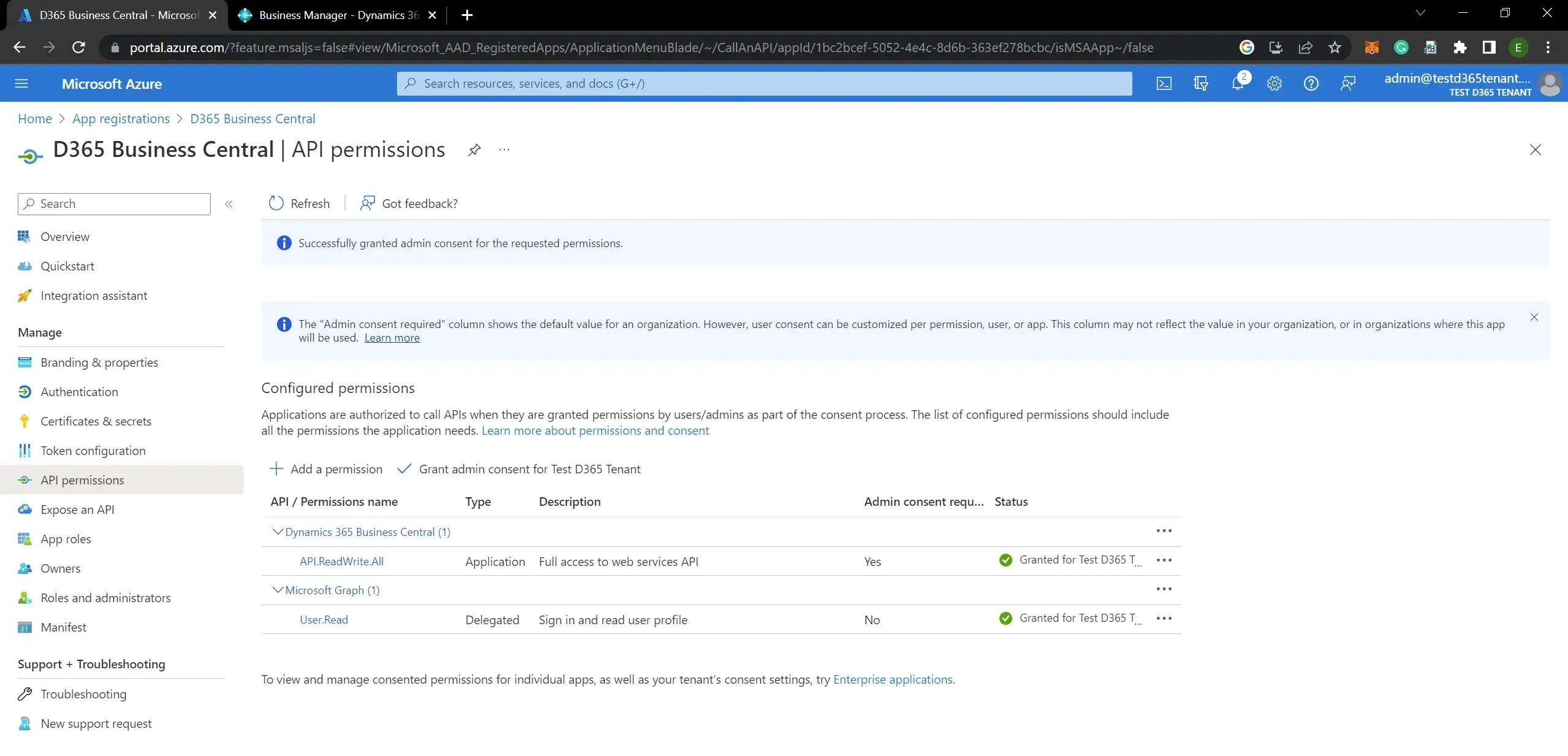 How to Register Business Central App in Azure Portal and Give API Permissions