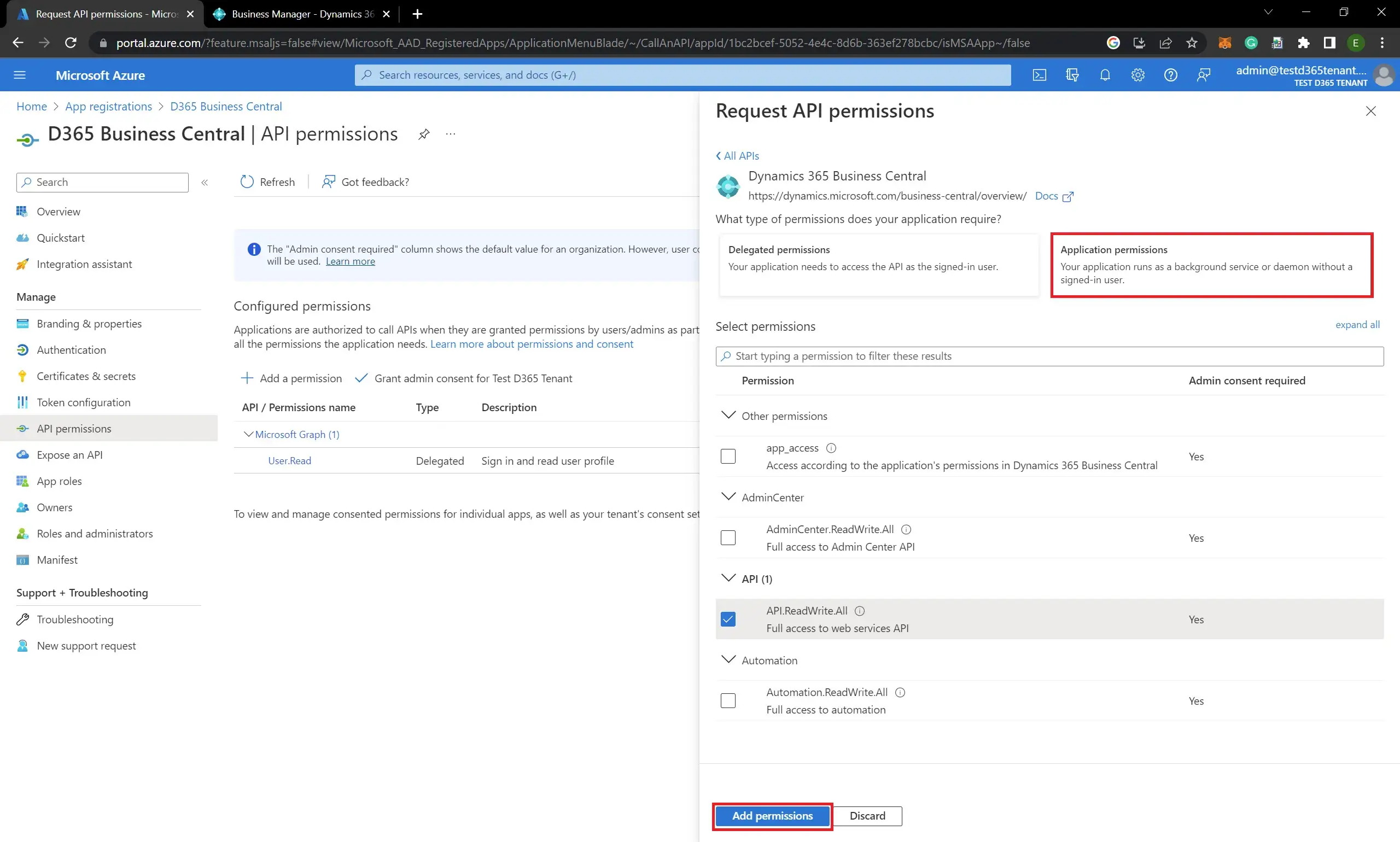How to give Request API permissions of Business Central App Registration Azure