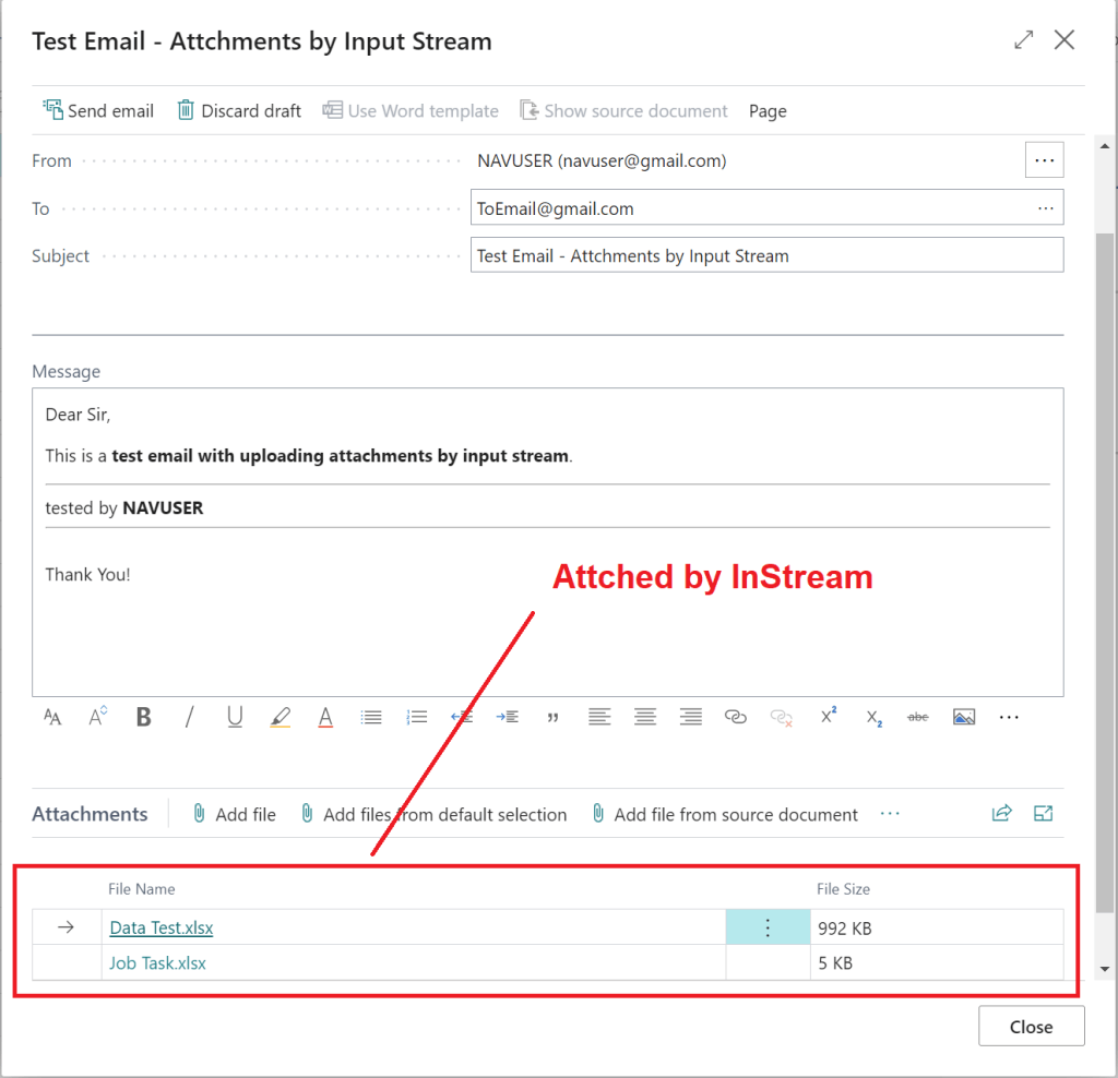 How to send email including attachments from Input Stream with Mail Dialog on Business Central - AL